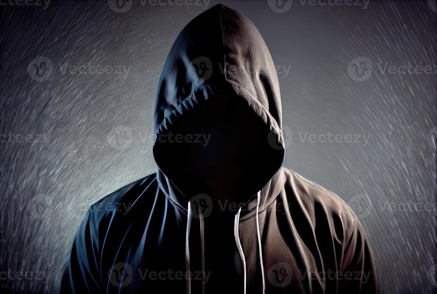 Man in a black hood covered with shadows. Unrecognizable criminal with no face. People and Criminal concept. photo