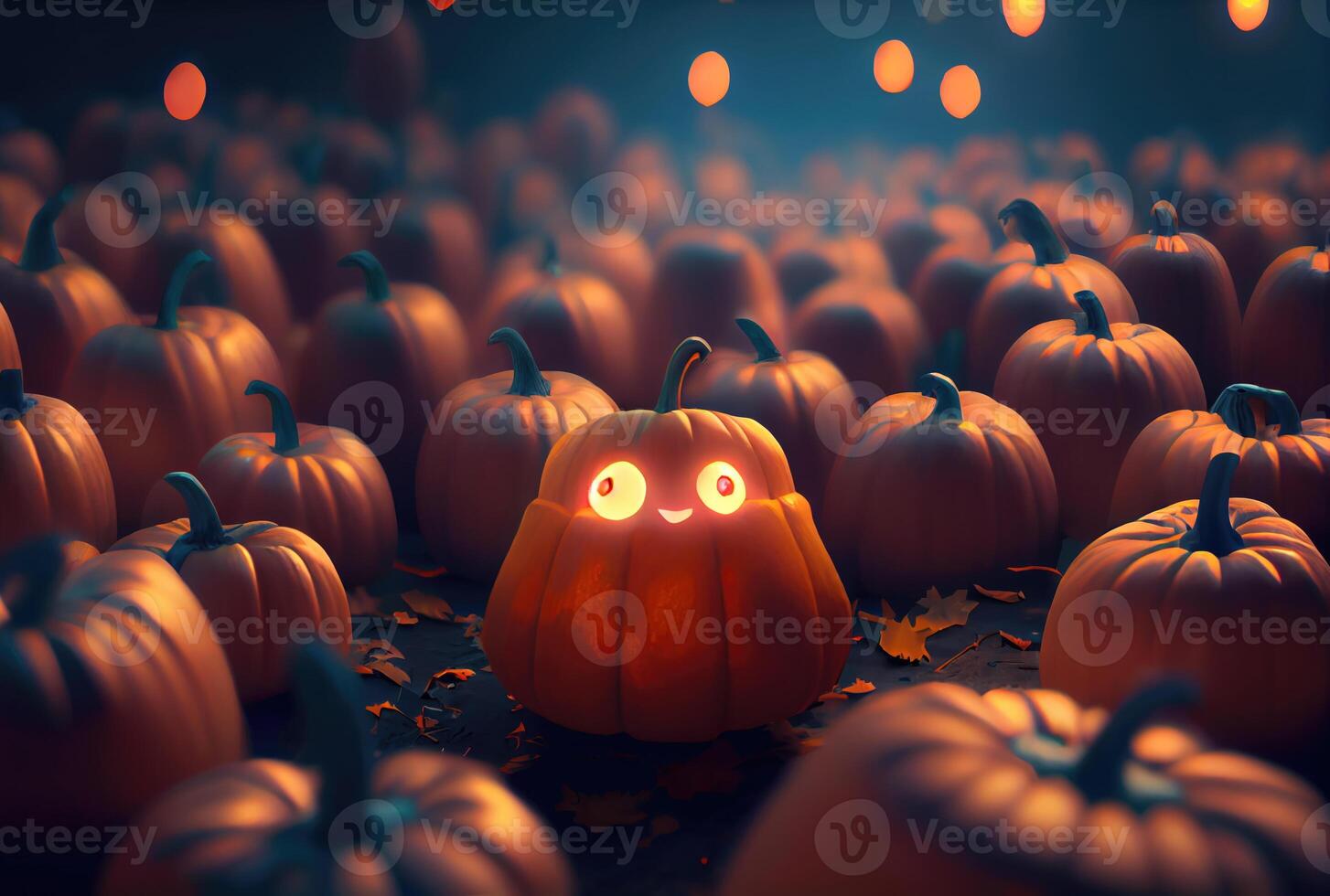 A cute pumpkin among other scary and unknown pumpkins in dark Halloween party. Mystery and spooky concept. photo