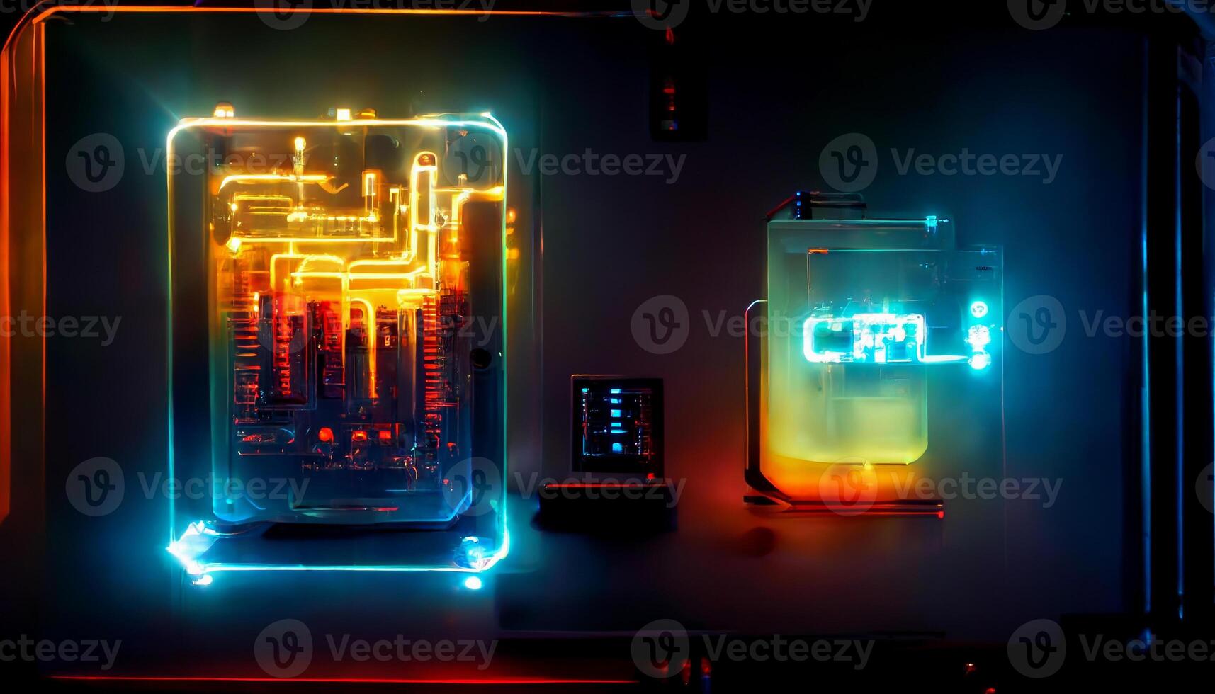 Electrical glowing lighting neon circuit on CPU mainboard background. Technology and abstract concept. photo