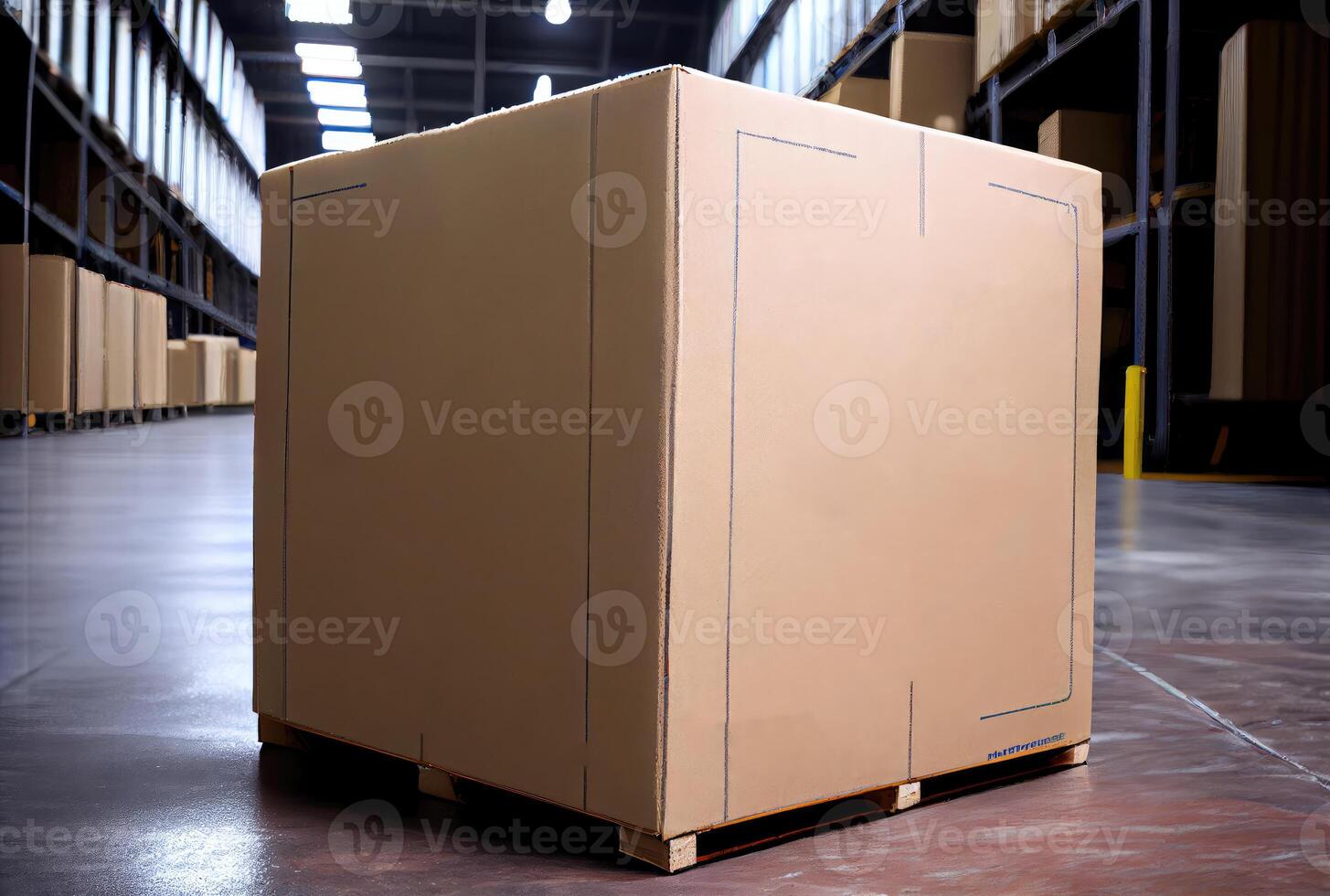 Cardboard box on the wooden pallet for exporting in the factory warehouse floor background. Innovative warehouse technology and Transporting industrial concept. photo