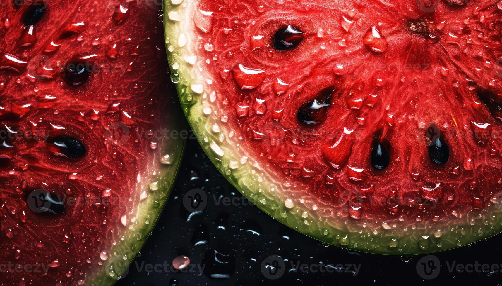 Close up of clean cut watermelon with water drop in dark black background. Fresh fruit and Vegetable concept. Nutrition and vitamin theme. photo