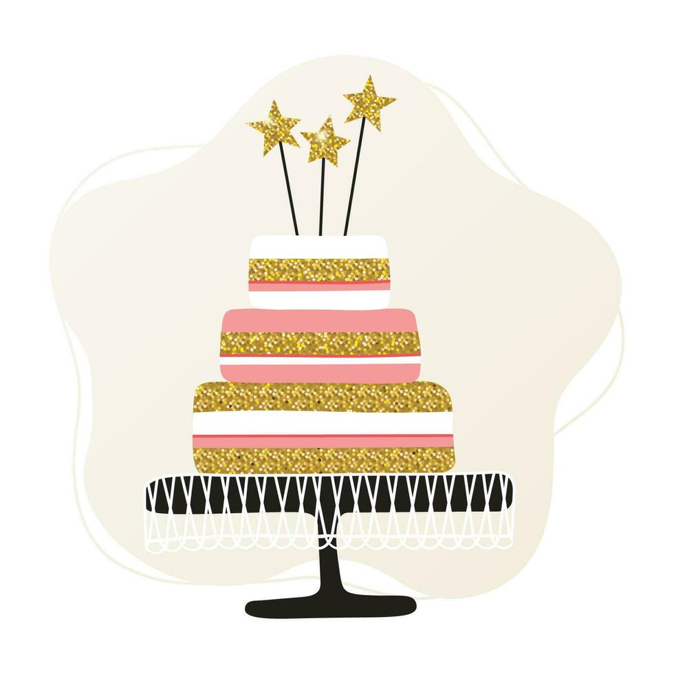 Three-story Birthday Cake with Shining stars sticks. Cute Vector illustration