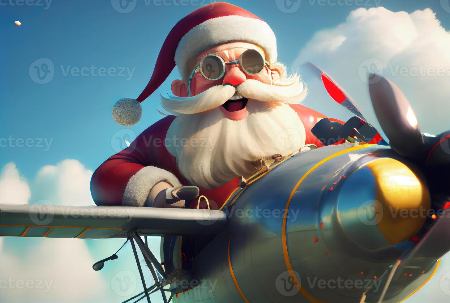 Santa Claus flying on a propeller plane above the blue sky and cloudy background. Merry Christmas and Happy new year concept. Digital art illustration. photo