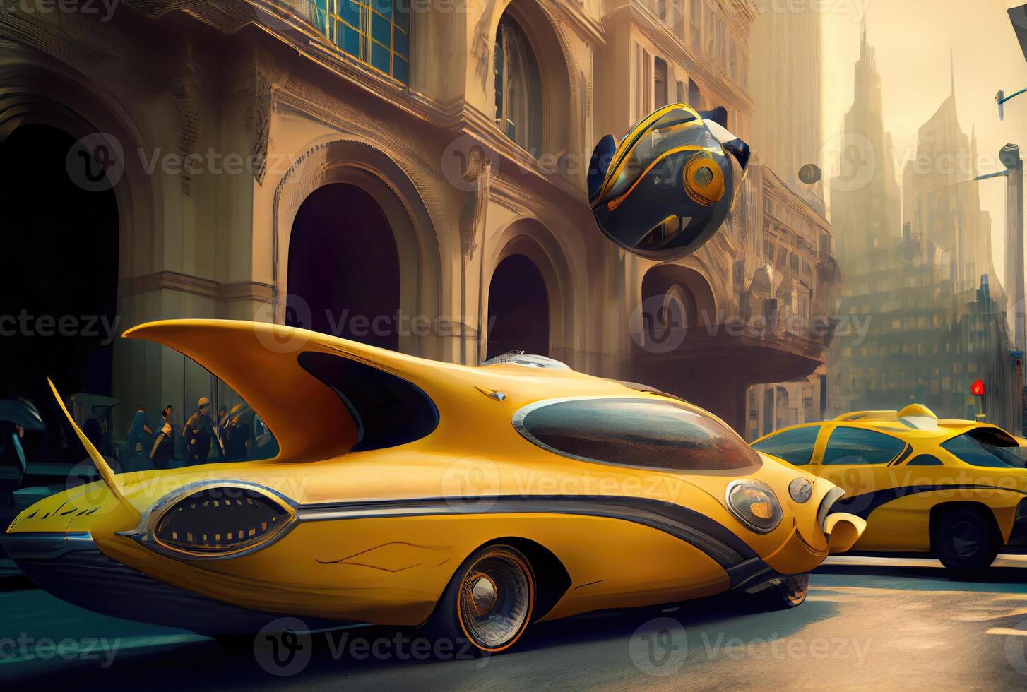 Futuristic yellow taxi among big cities and skyscrapers. Transportation and Innovation technology concept. photo