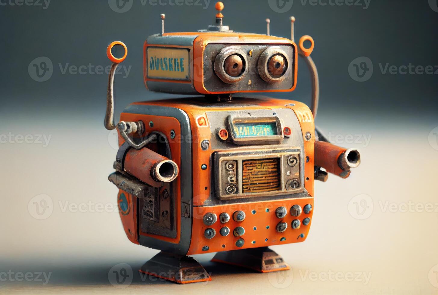 Retro tin robot toy on the minimal background. Playful and fun concept. photo