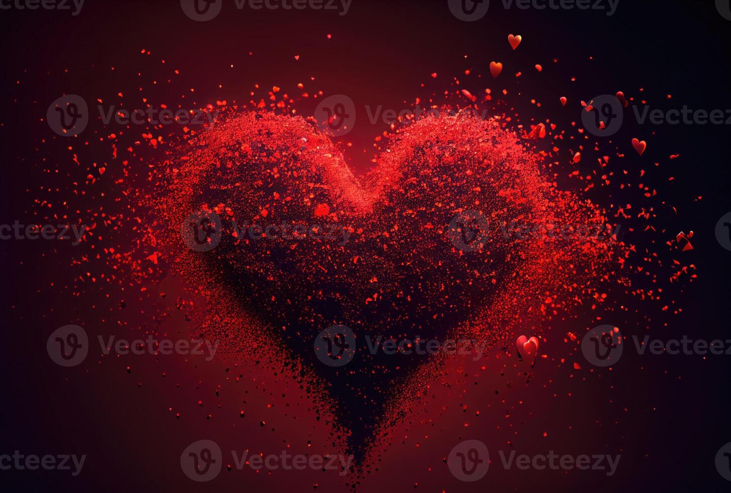 Red heart with dust particle disintegration effect on red background. photo
