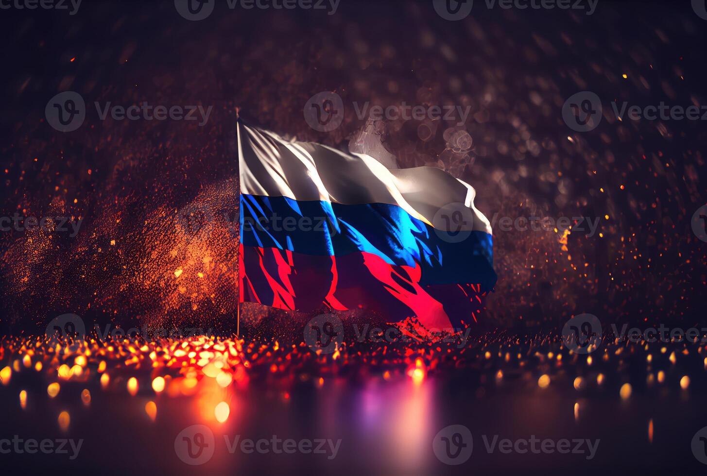 Russia flag with colorful shiny bokeh light background. Nation flag in the dark with illumination light. National day concept. photo