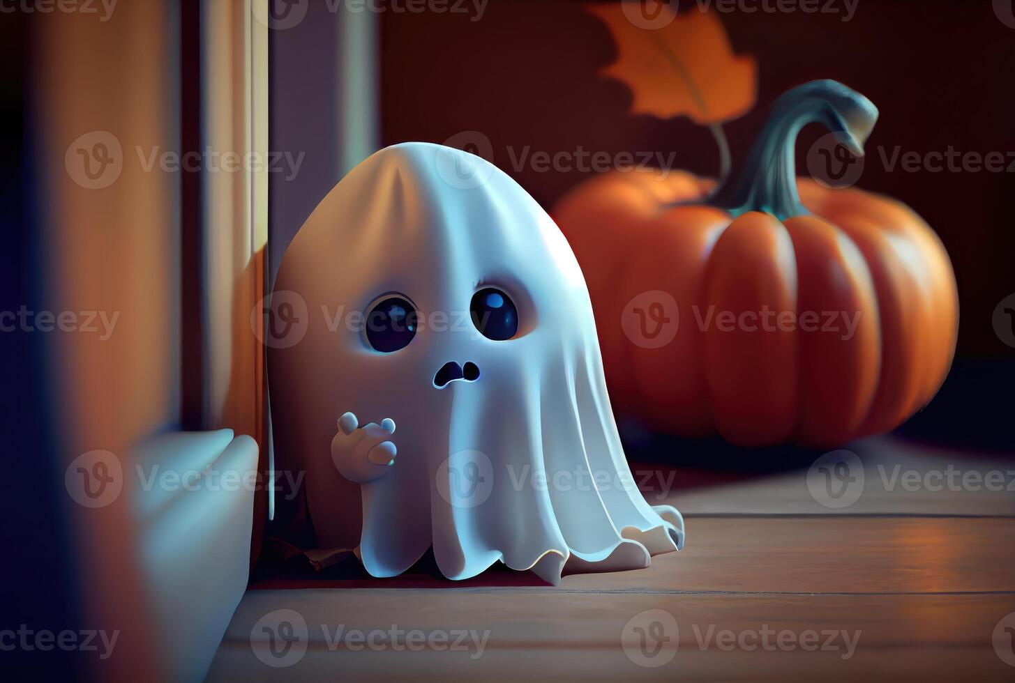 Cute spooky fabric ghost in Halloween party background. Funny character art concept. photo