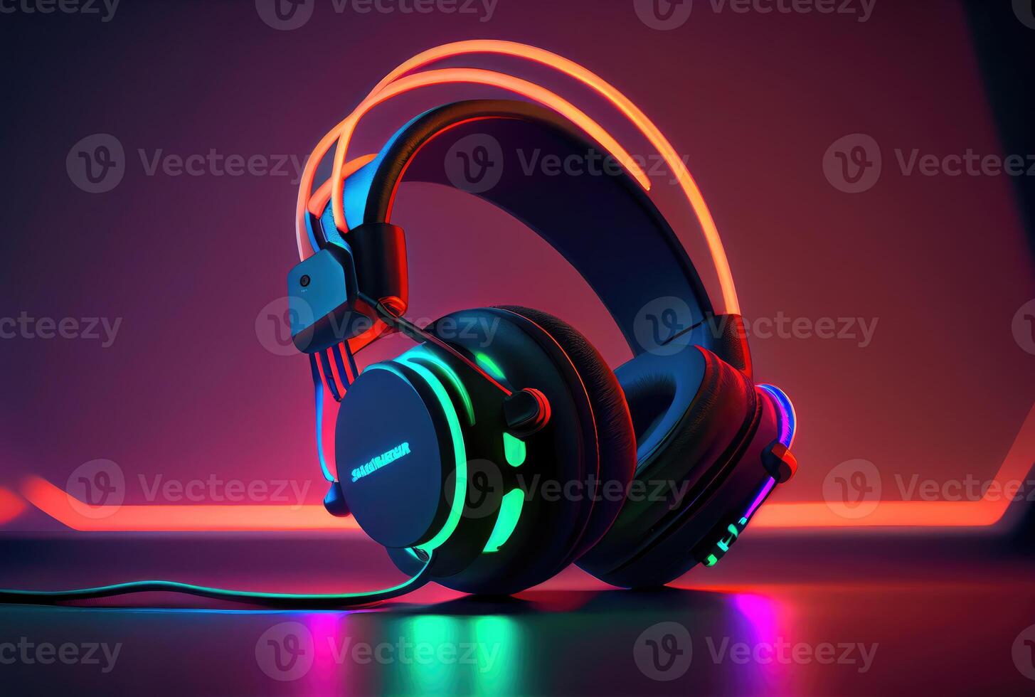 Modern headphone in the colorful gaming and live streaming room background. photo