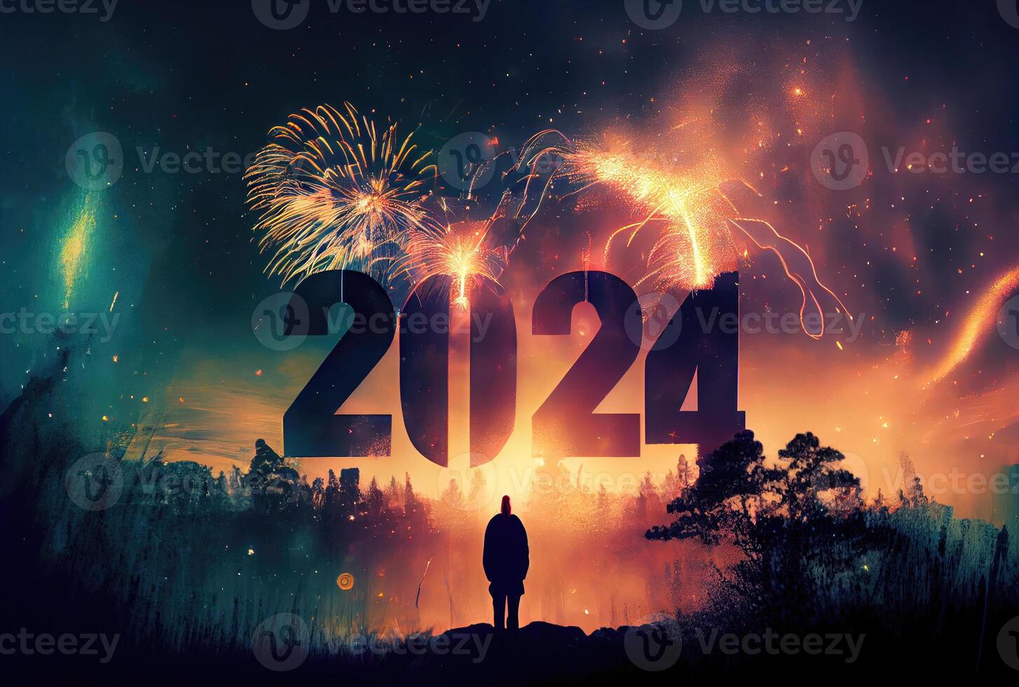 Happy New Year 2024 with single backpacker lonely man in forest and fireworks background. Holiday and culture concept. Digital art illustration. photo