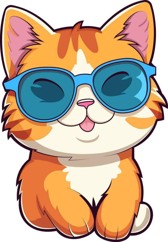 Cute Kawaii Cat with Sunglasses isolated on white background. Vector illustration.