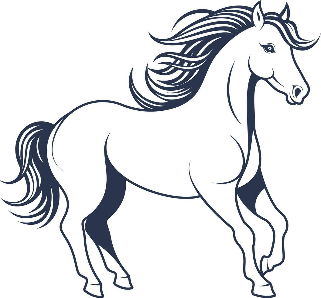 Vector image of a horse with a long mane and tail on a white background. Design elements for logo, label, emblem, and sign.