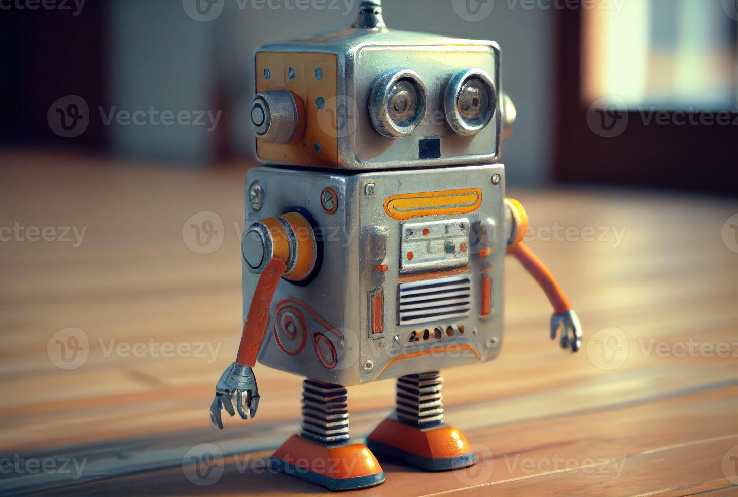 Retro tin robot toy on the minimal background. Playful and fun concept. photo