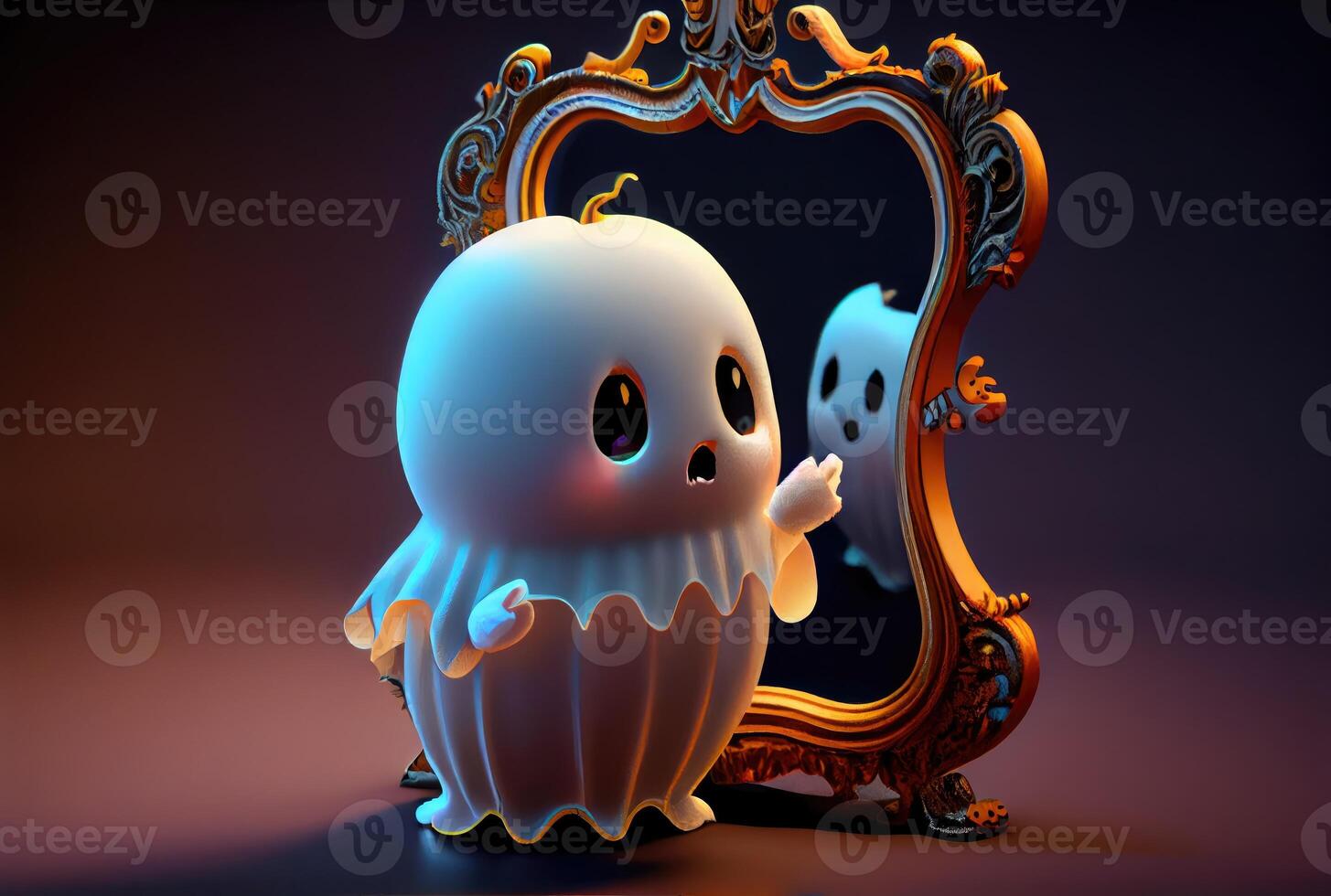 Cute spooky fabric ghost looking into the reflection mirror in Halloween party background. Funny character art concept. photo