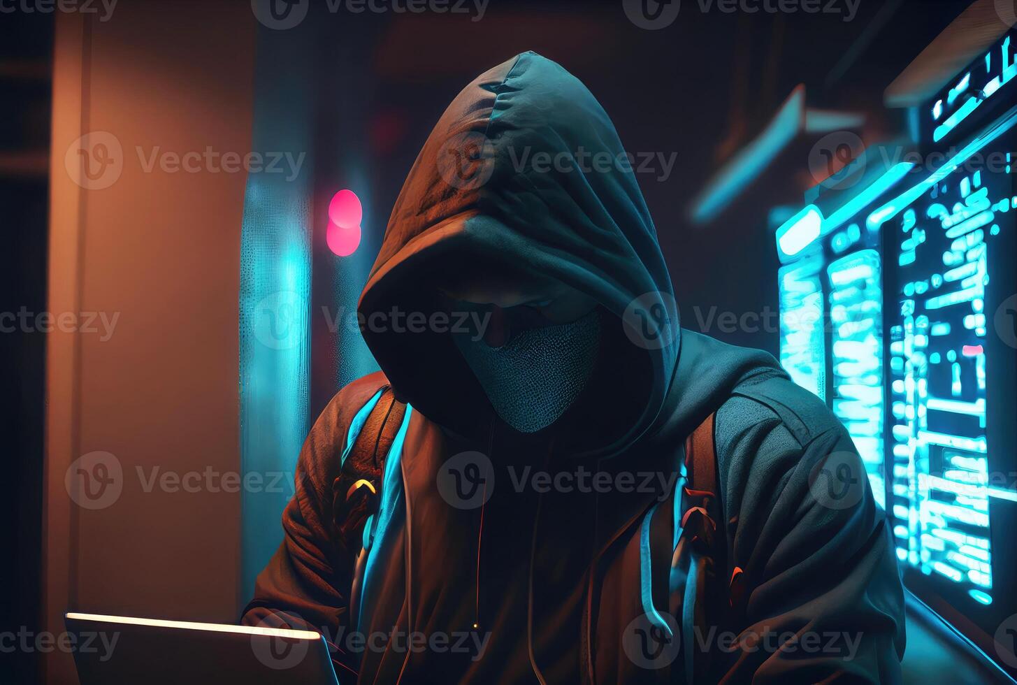 Hacker in the black hood in the server room. Unrecognizable people. Technology and Cybersecurity and Criminal concept. photo