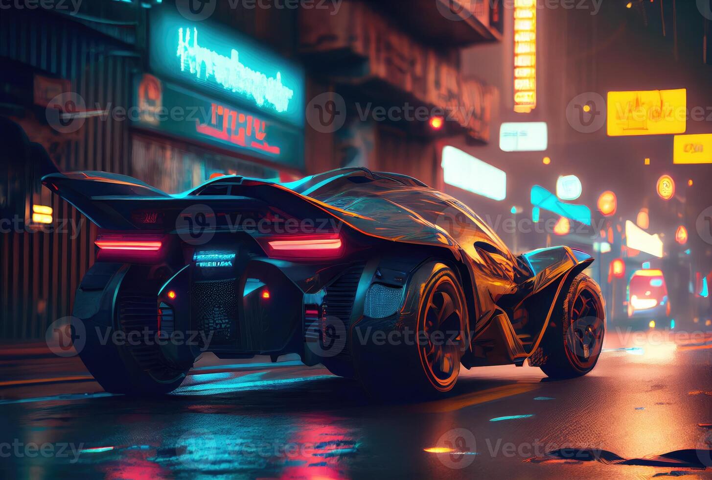 Futuristics car model in orange blue and pink color cyberpunk in dark city downtown background. Transportation and Innovative technology concept. Digital art fantasy illustration. photo