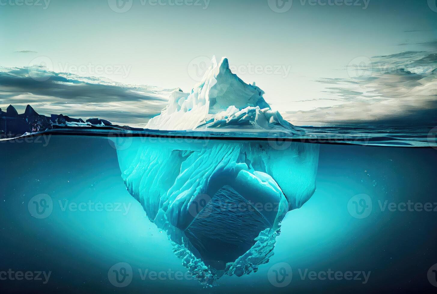 Big iceberg over the blue sea surface background. Landscape and business metaphor concept. Digital art illustration theme. photo