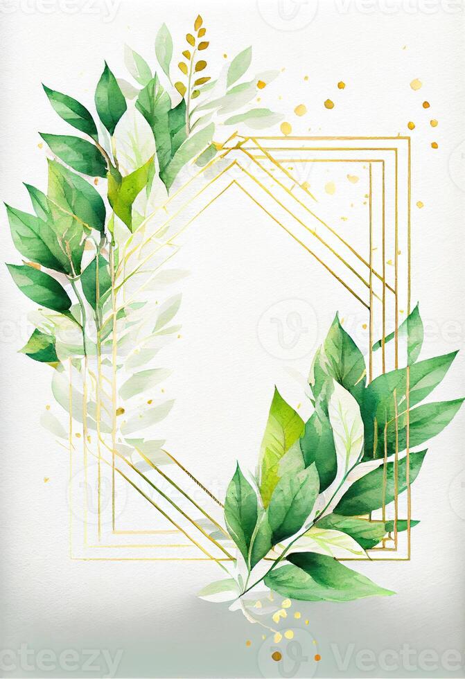 Green leaves with golden frame template and copy space for greeting wedding card and advertising concept art. photo