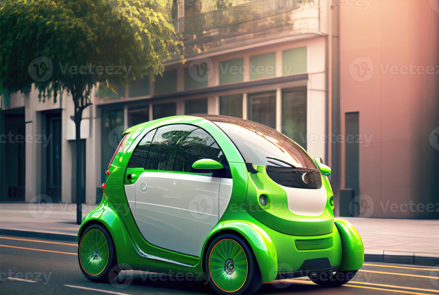 Green future car on the road in the city urban scene at day background. Technology and transportation concept. photo