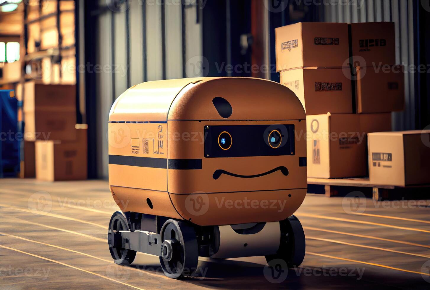 robot agv transportar cartulina caja en almacén antecedentes. tecnología innovación y entrega concepto. generativo ai foto