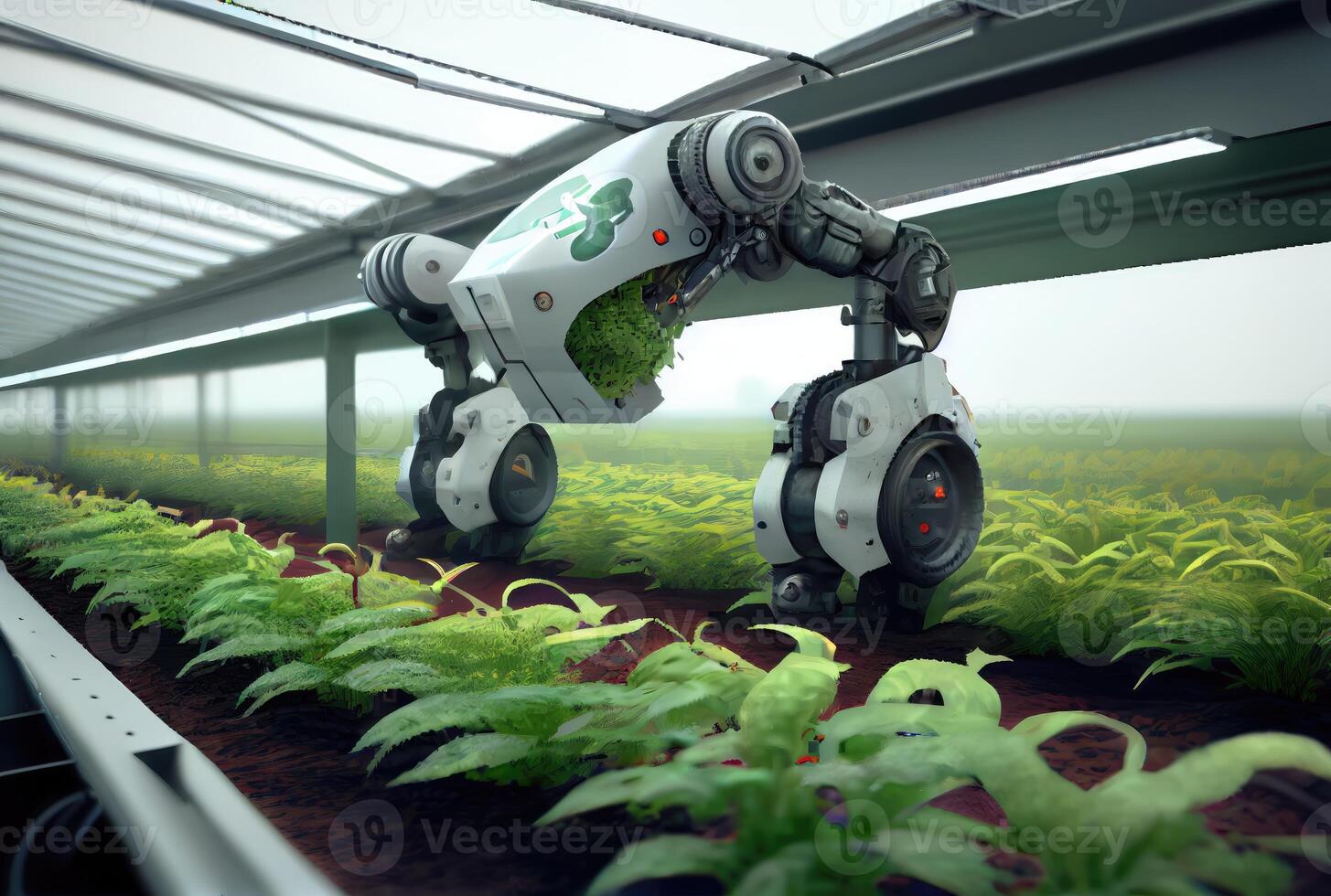 Robot farming harvesting agricultural products in greenhouse. Innovative futuristics technology and 5G smart farming concept. photo