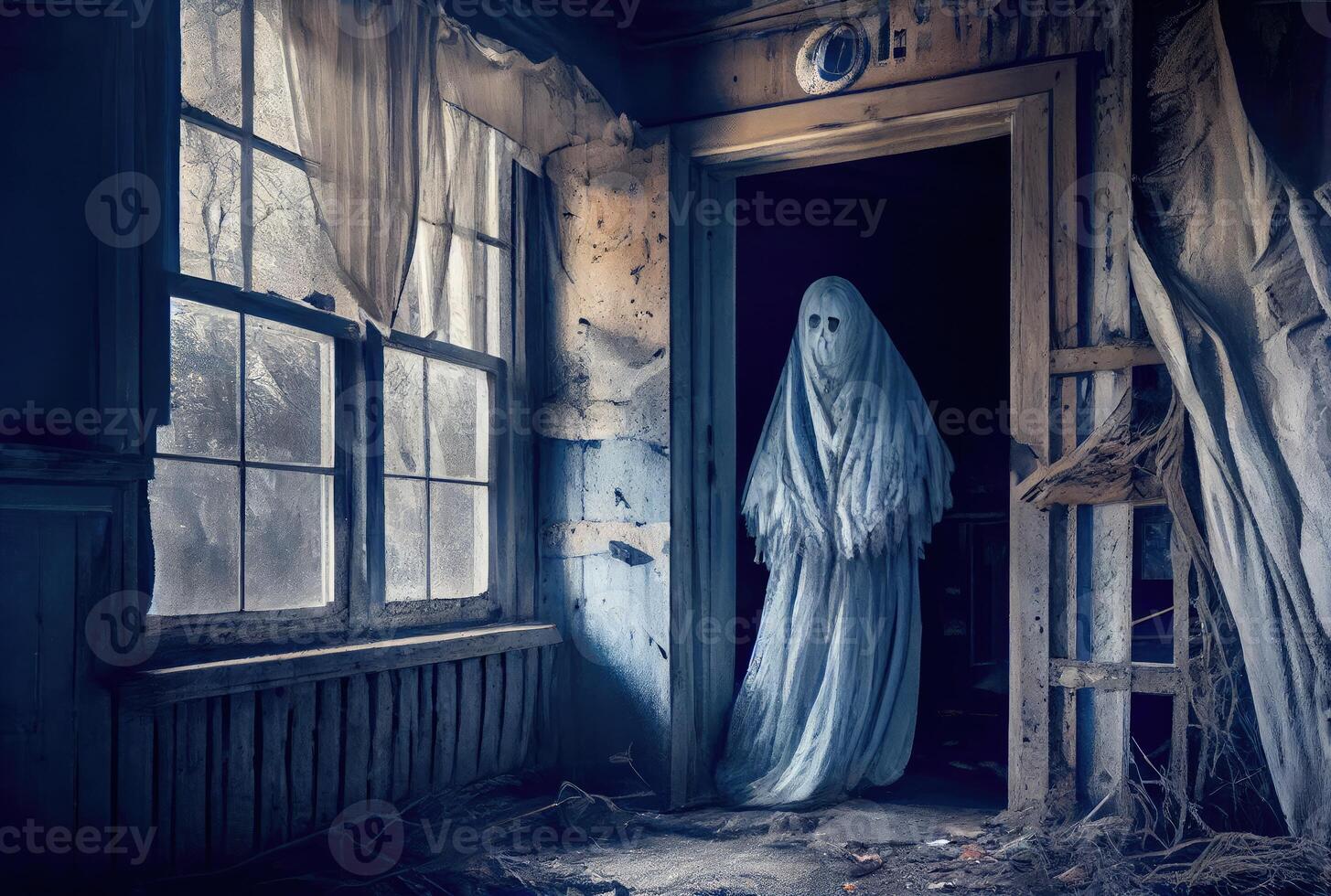 Spooky fabric ghost in the abandoned haunted house background. Halloween and horror concept. photo