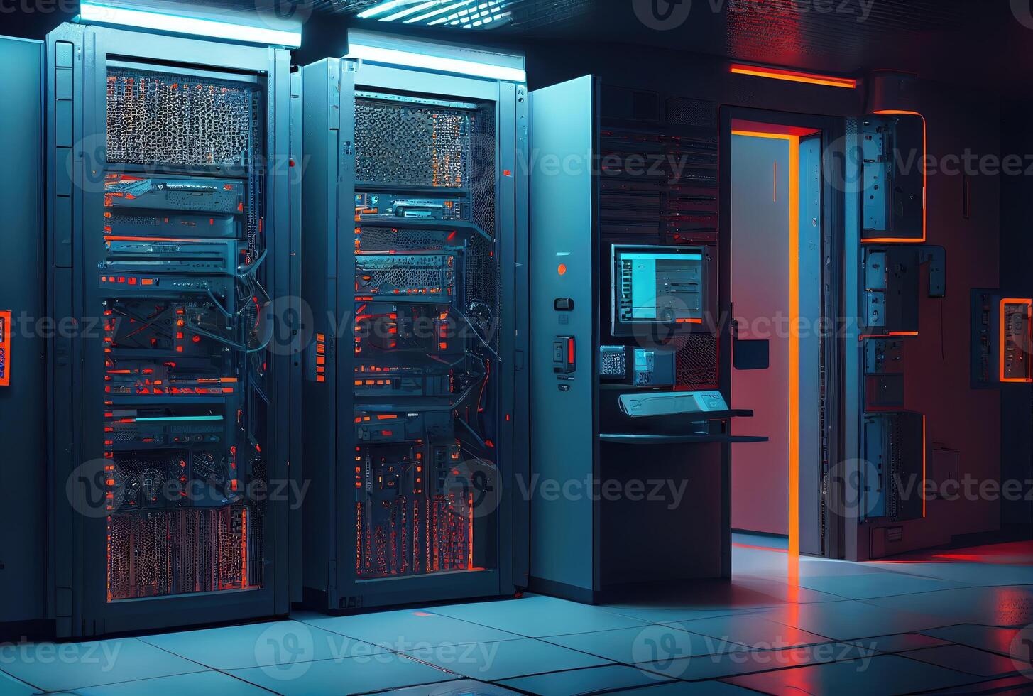 Server room for storage worldwide company database. Technology and big data concept. Digital art illustration. photo