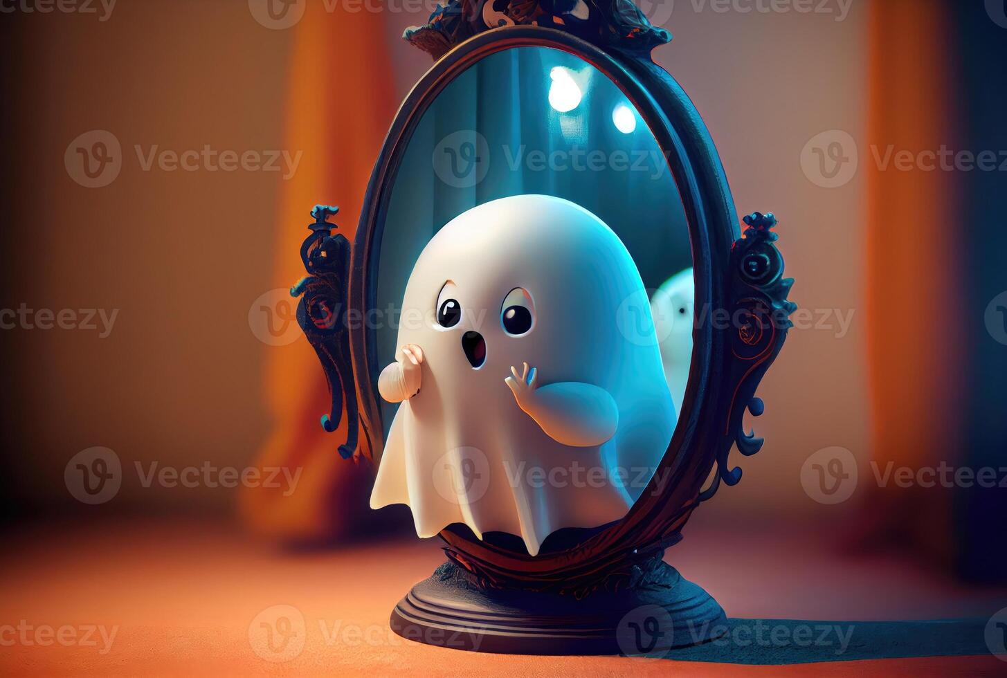 Cute spooky fabric ghost looking into the reflection mirror in Halloween party background. Funny character art concept. and photo