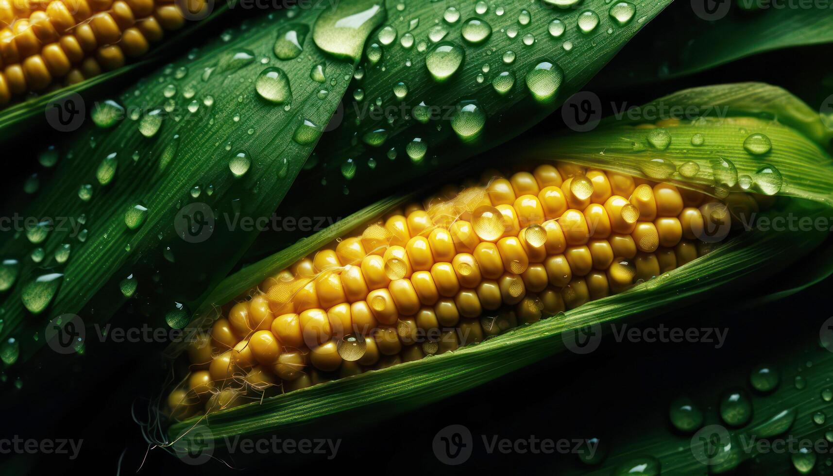 Close up of clean Corn with water drop in dark black background. Fresh fruit and Vegetable concept. Nutrition and vitamin theme. photo