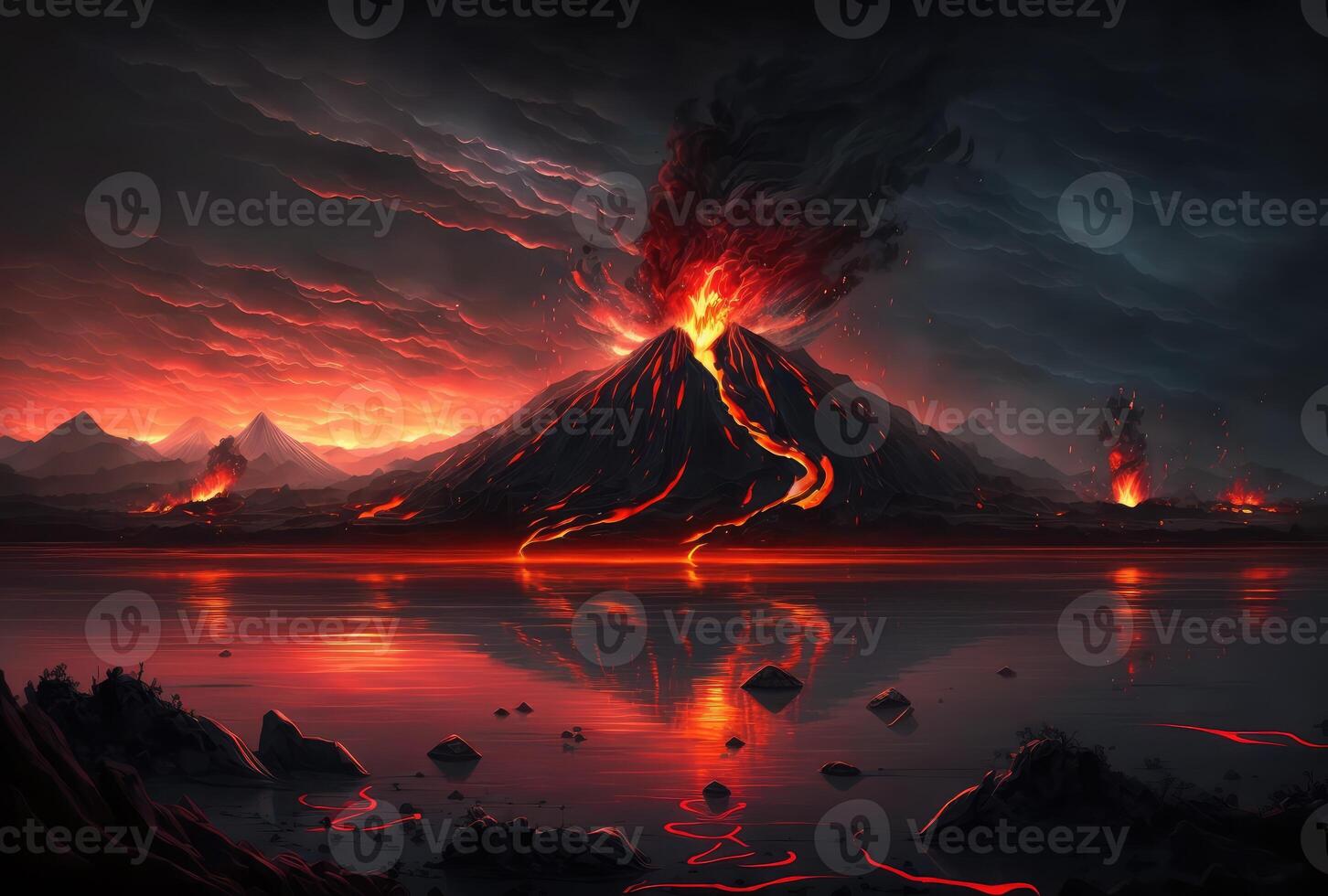 The volcano erupted with hot lava and black smoke covering the sky. Nature and disaster concept. photo
