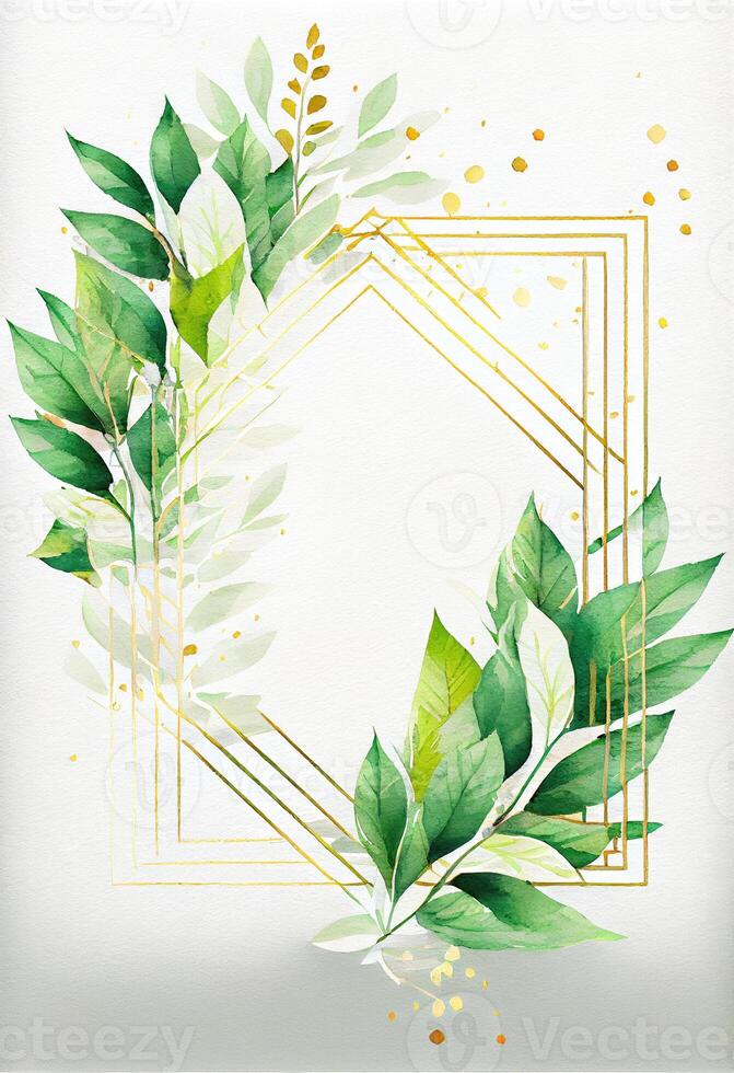 Green leaves with golden frame template and copy space for greeting wedding card and advertising concept art. photo