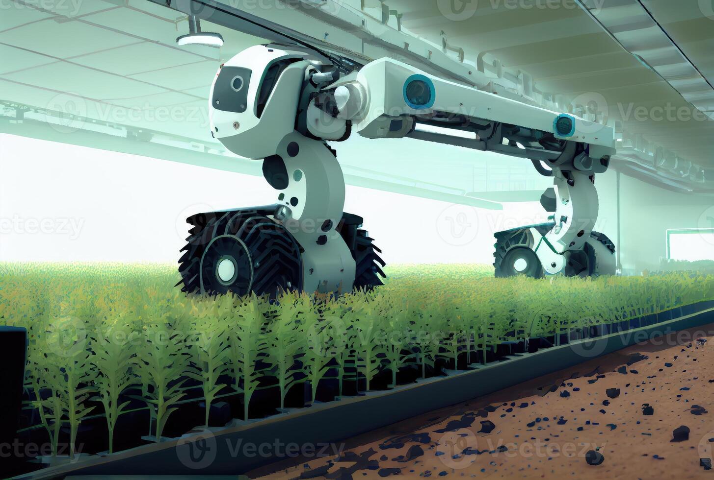 Robot farming harvesting agricultural products in greenhouse. Innovative futuristics technology and 5G smart farming concept. photo