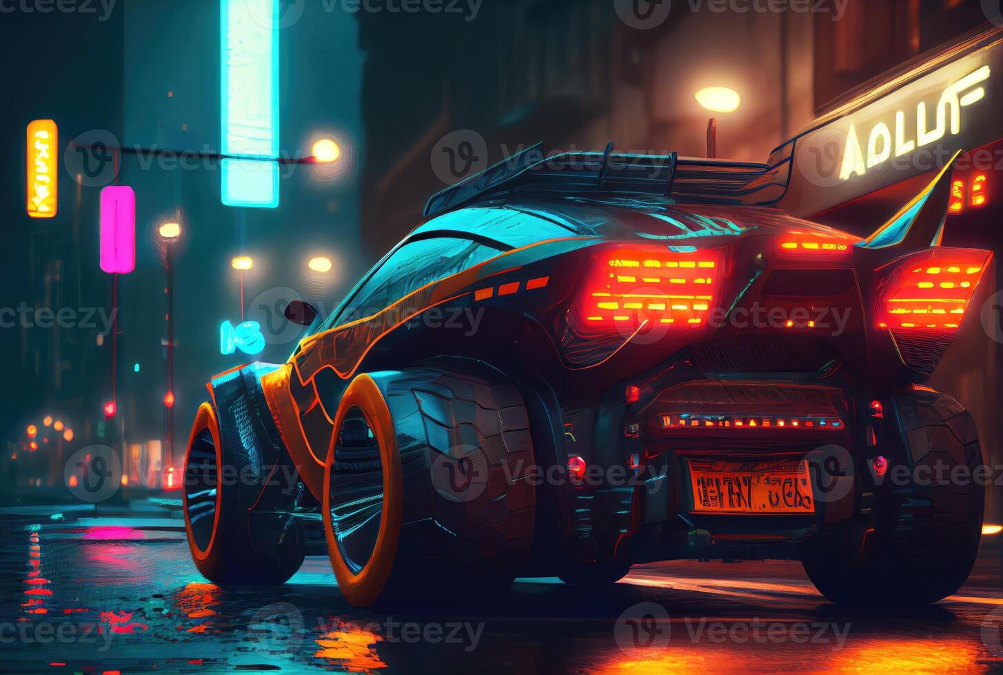 Futuristics car model in orange blue and pink color cyberpunk in dark city downtown background. Transportation and Innovative technology concept. Digital art fantasy illustration. photo