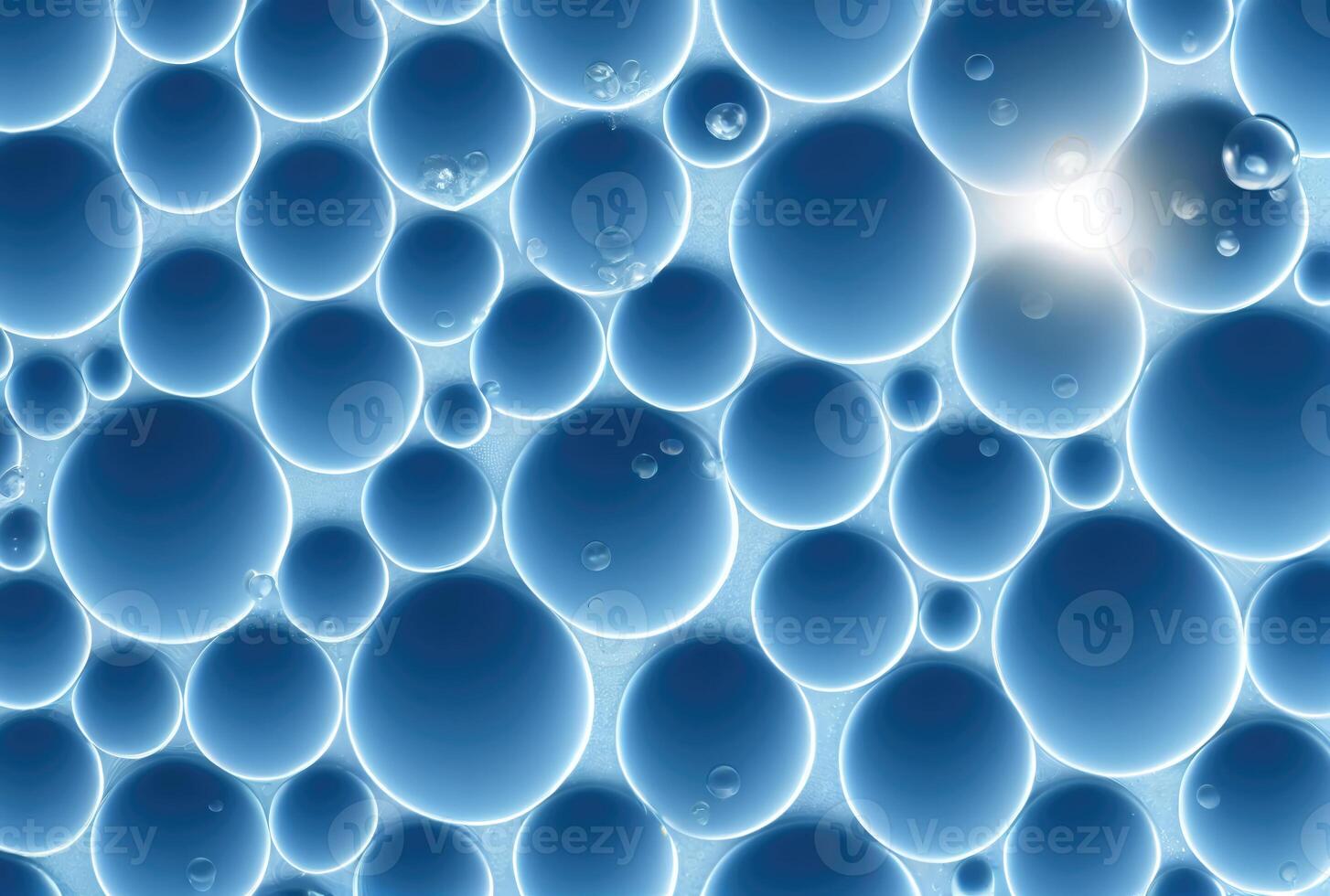 Blue glossy water bubble in underwater background. Nature and abstract concept. photo