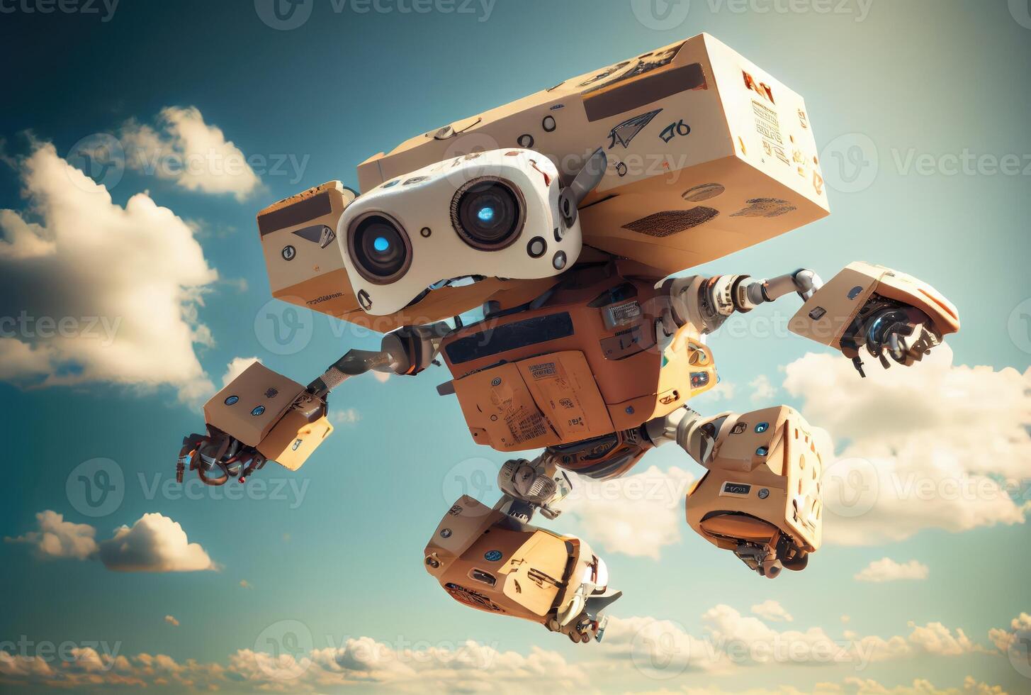 Cute future delivery drone with parcel box flying over the high sky background. Innovative technology and transportation concept. Digital art illustration. photo