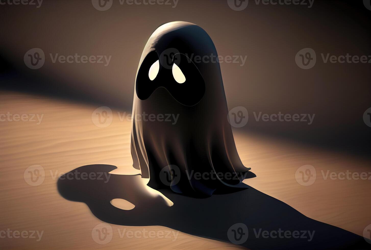 Cute ghost in the haunted house background. Halloween and spooky concept. photo