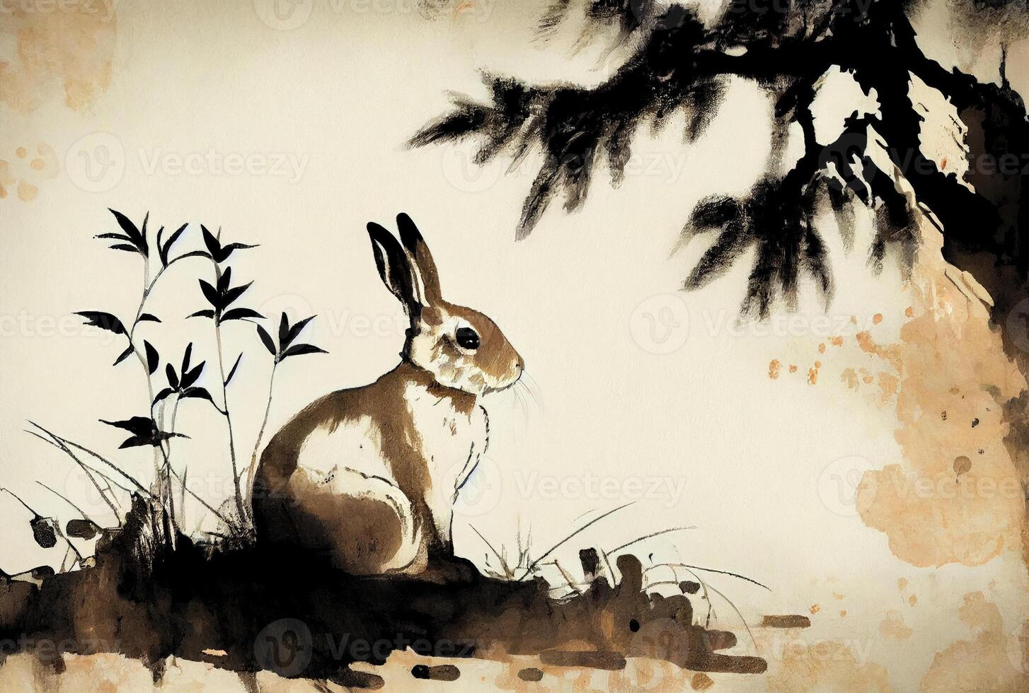 Rabbit in Chinese ink drawing style. photo