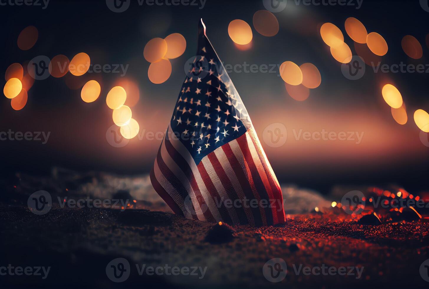 el unido estados de America Estados Unidos bandera con vistoso brillante bokeh ligero antecedentes. nación bandera en el oscuro con iluminación ligero. nacional día concepto. generativo ai foto