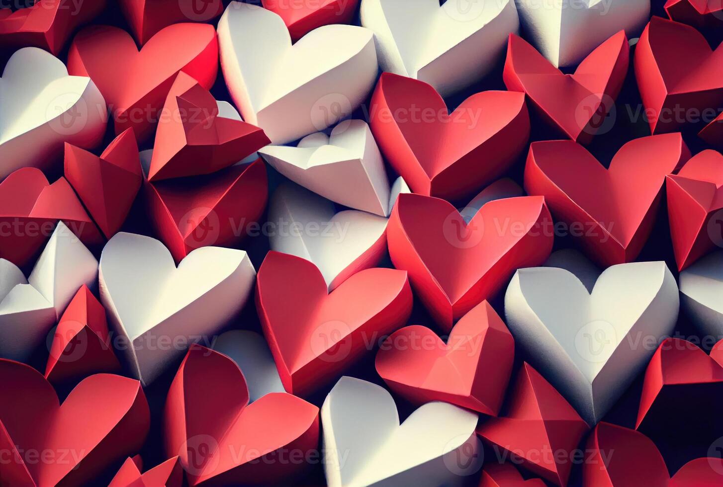 Papercut red and white hearts origami background. Love story and Valentines day wallpaper concept. photo