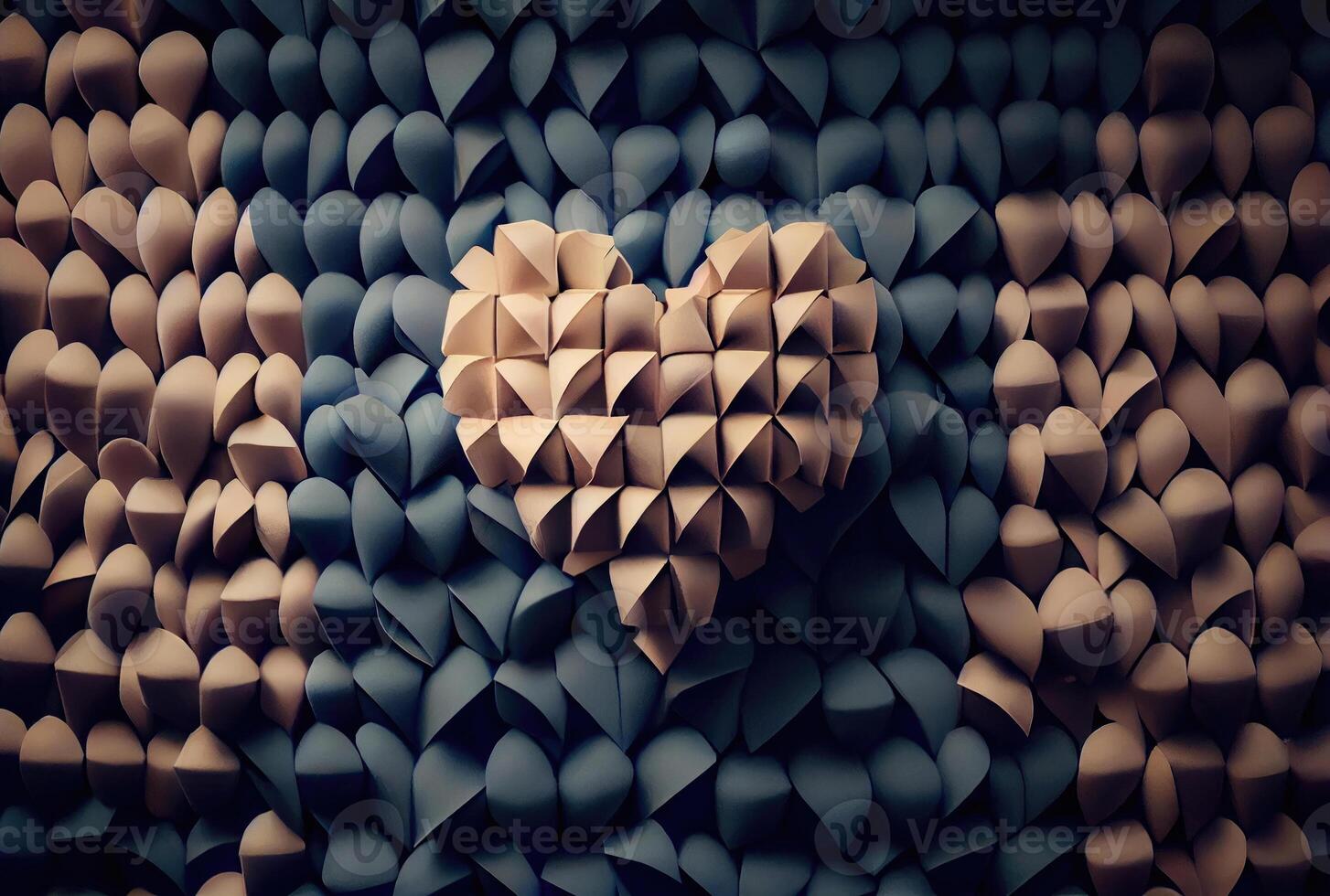 Orange white and blue papercut hearts origami background. Love story