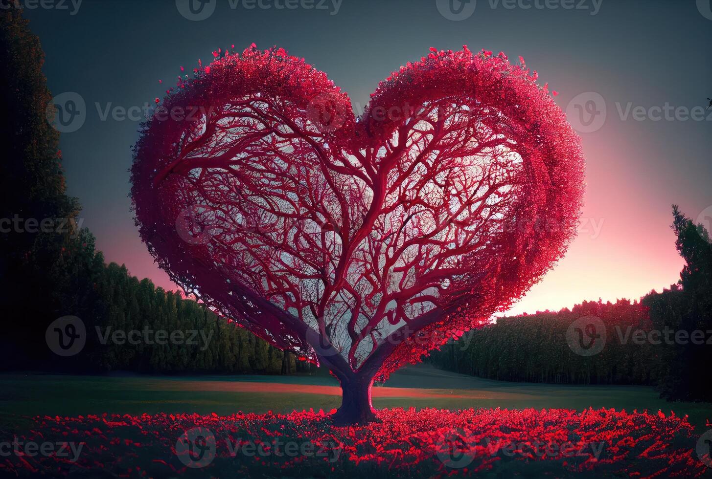 Red heart shape tree landscape with sky background. Valentines day and romance concept. Digital art illustration. photo