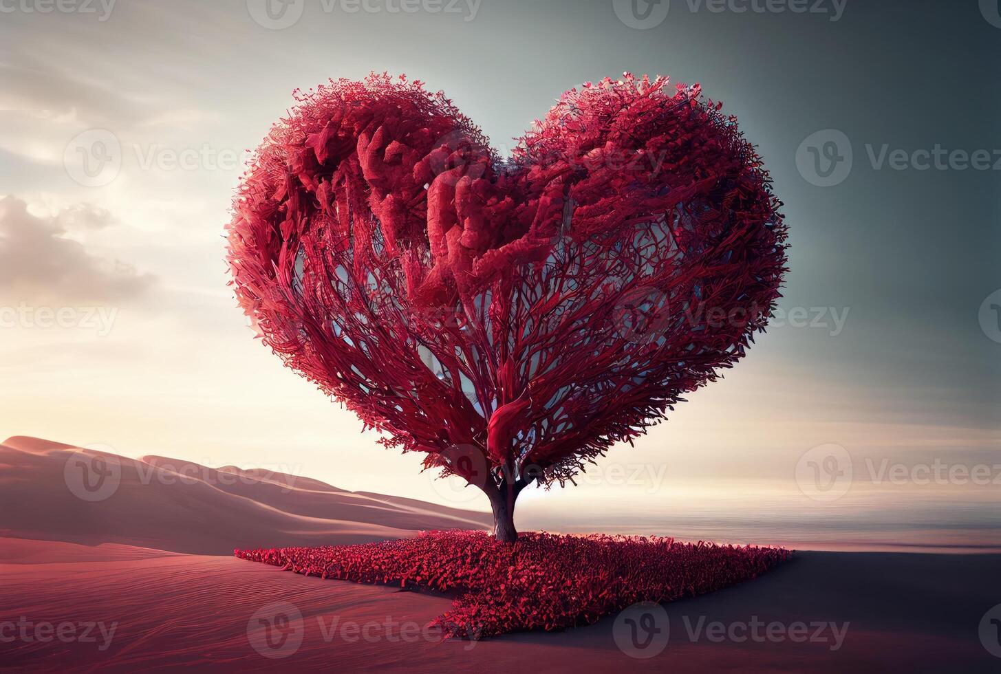Red heart shape tree landscape with sky background. Valentines day and romance concept. Digital art illustration. photo