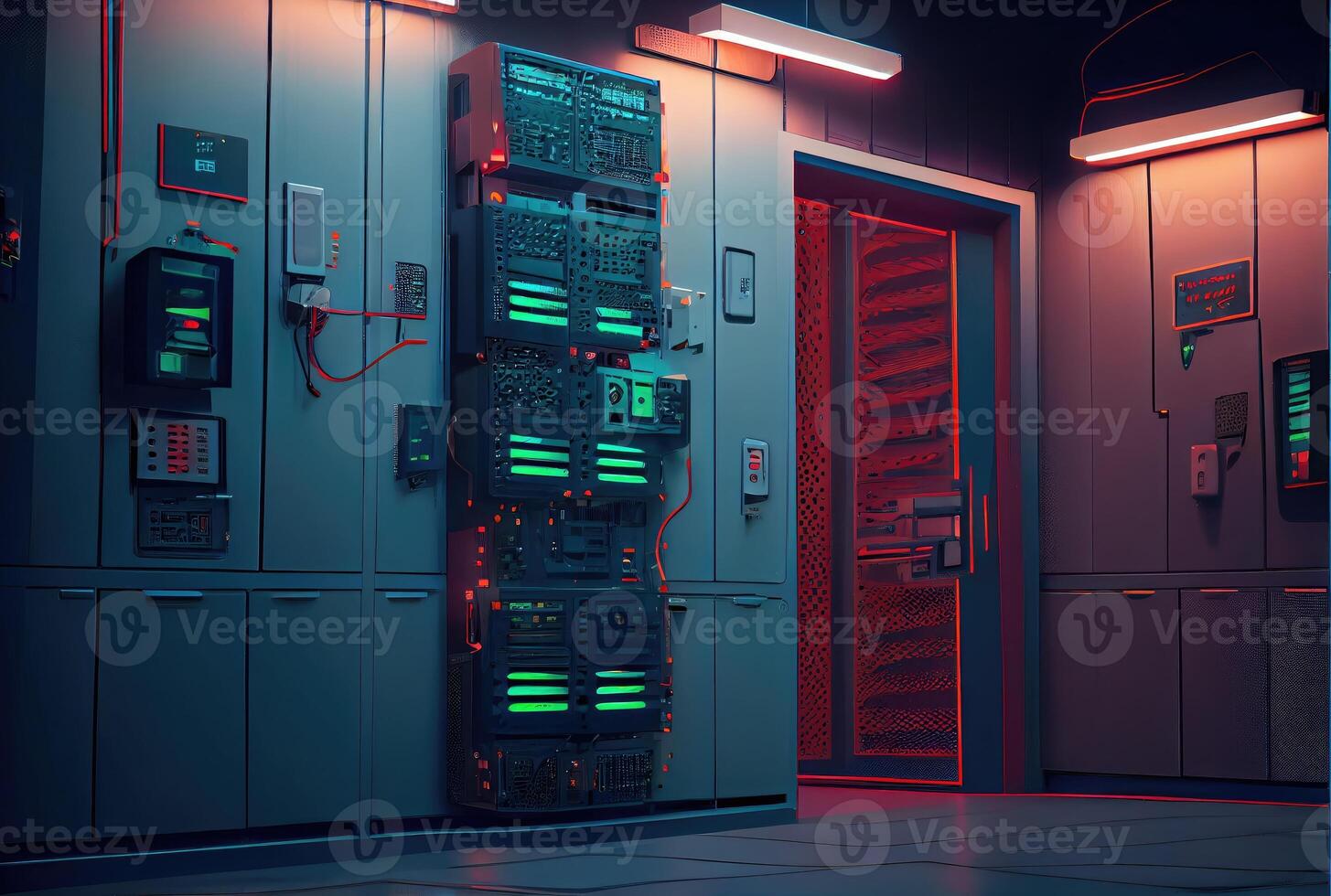 Server room for storage worldwide company database. Technology and big data concept. Digital art illustration. photo