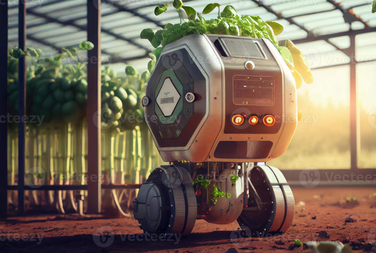 Robot farming harvesting agricultural products in research center. Innovative futuristics technology and 5G smart farming concept. photo