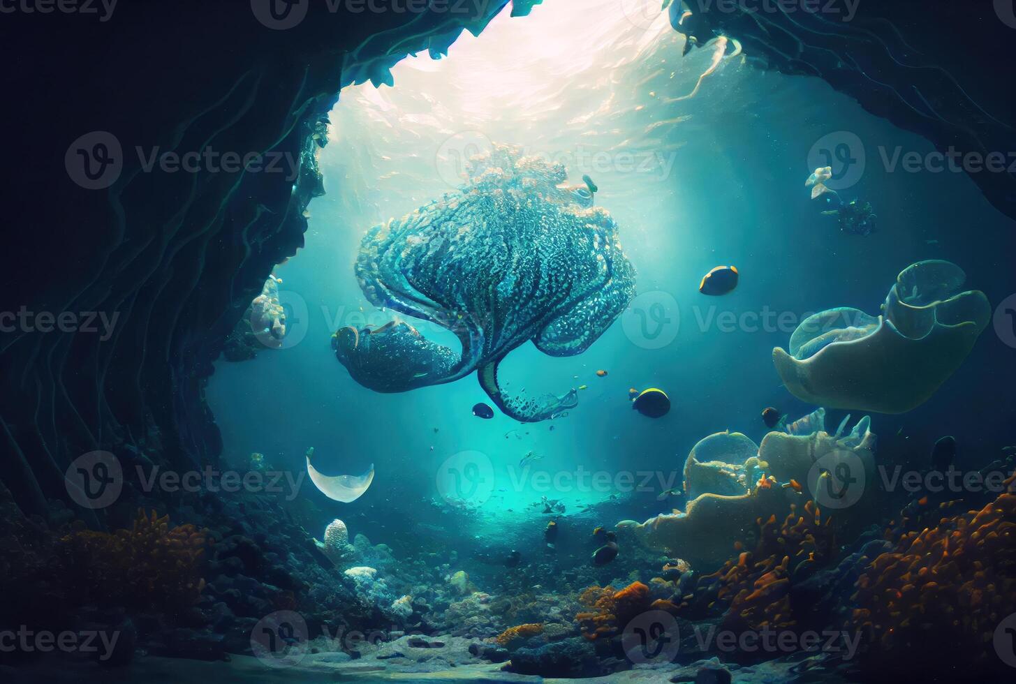 Deep sea and aquatic life with sunshine background. Digital art illustration. Marine life and undersea concept. photo