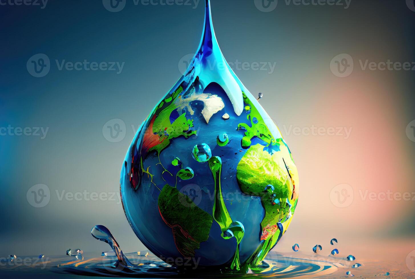 Earth in water drop shape dropping on the ground background. Environment and World savings concept. Digital art illustration. photo