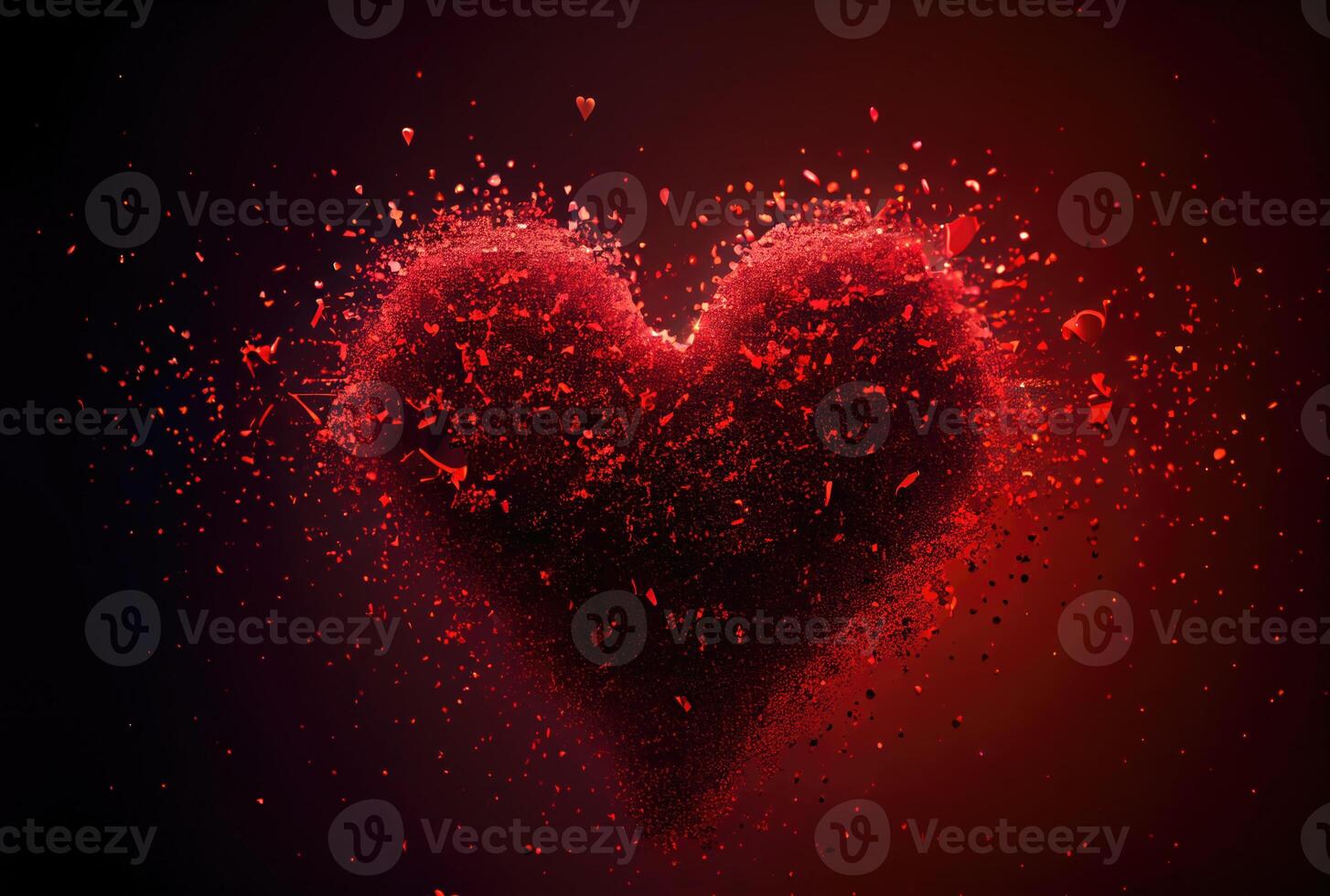 Red heart with dust particle disintegration effect on red background. photo