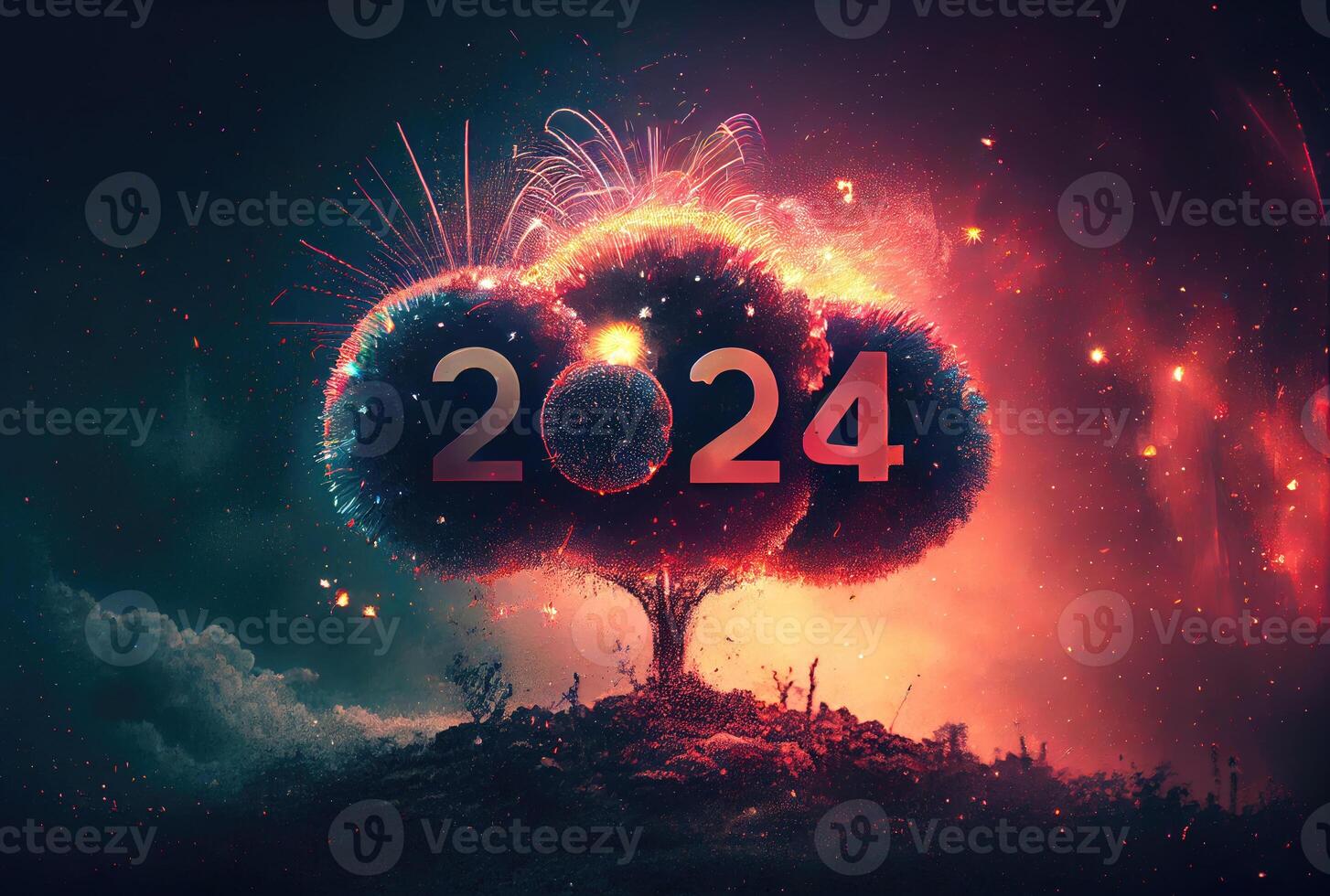 Happy New Year 2024 with big fantasy tree and fireworks background. Holiday and culture concept. Digital art illustration. photo