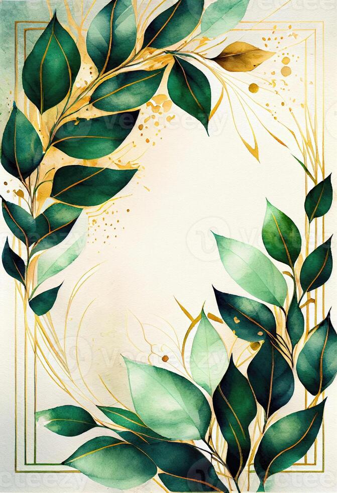 Green leaves with golden frame template and copy space for greeting wedding card and advertising concept art. photo
