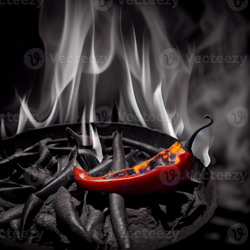 Red chili with burning fire flame in hot pan on black background. photo